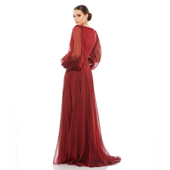 Mac Duggal 67873 NWT SHEER BLOUSON SLEEVE SURPLICE GOWN - garnet - Picture 2 of 8